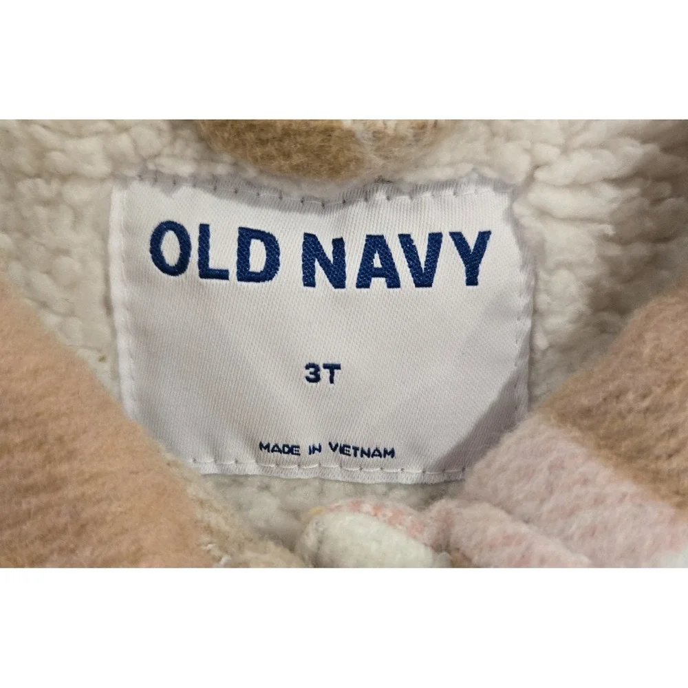 Old Navy Soft Sherpa-Lined Plaid Pink Tan White Jacket for Toddler Girls Size 3T